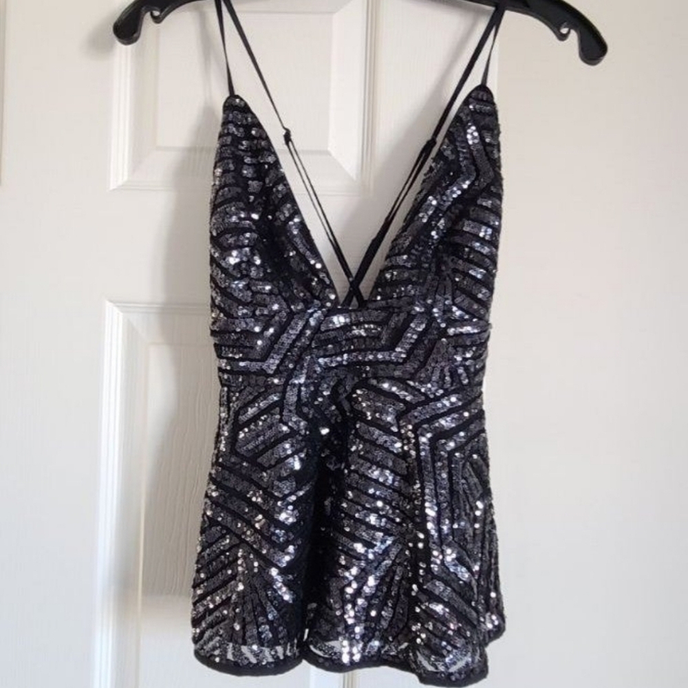 Sequin Black Adjustable Spaghetti Strap Cami NWT - image 1